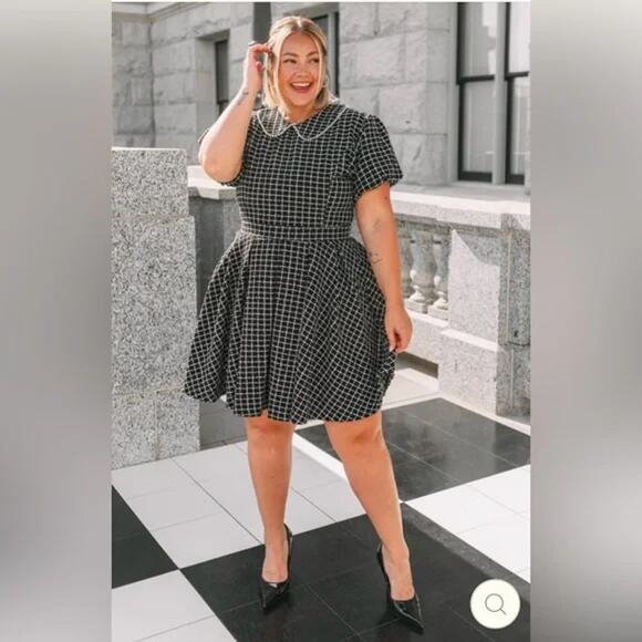 Ivy City Celine Check Puff Sleeve Fit & Flare Mini Dress Black/White Plus 2X NWT - Picture 1 of 16